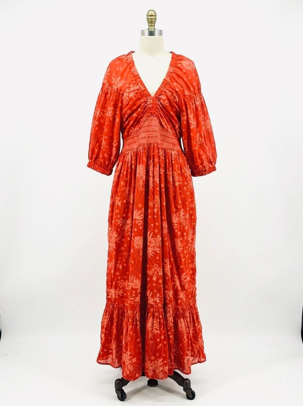 Free People Golden Hour Red Floral Boho Maxi Dress M Cottagecore Romantic